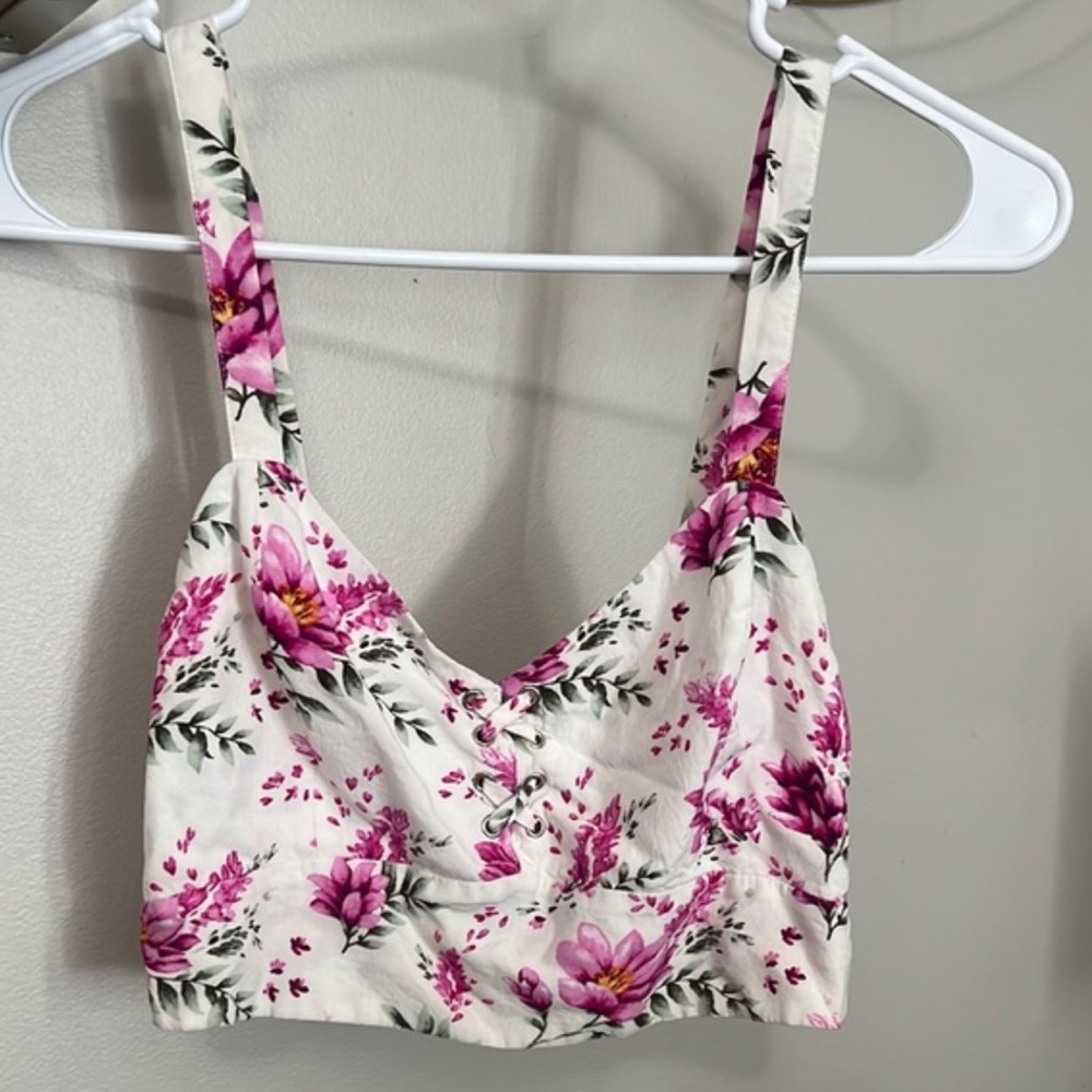 Women's Floral Crop Top with Pink and Green Design